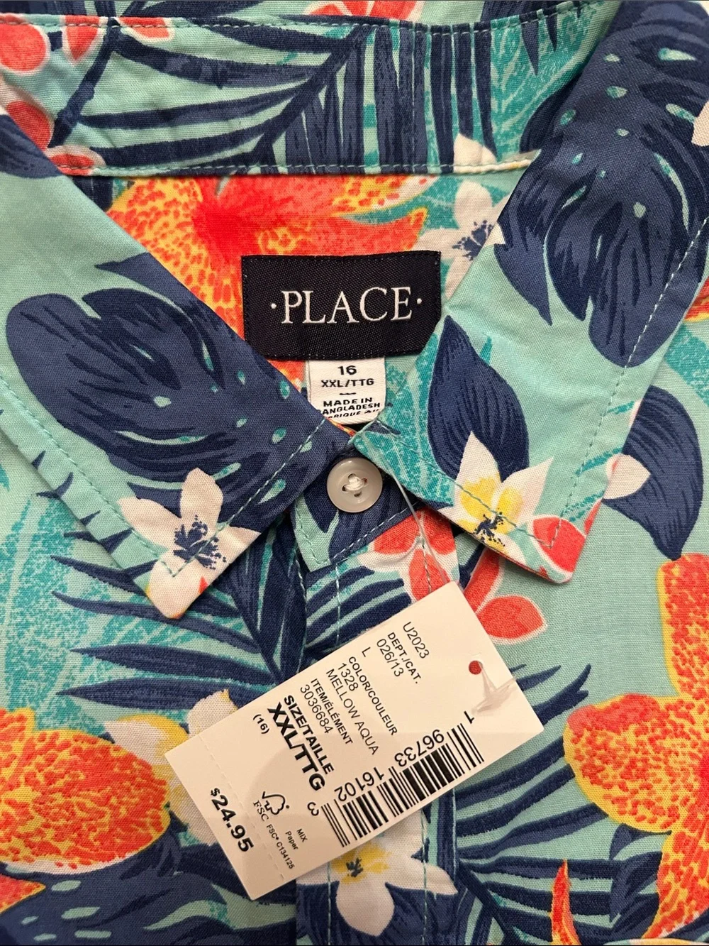 Kid’s Size 16 (XXL)Tropical Floral Button-Up Shirt - Teal & Orange